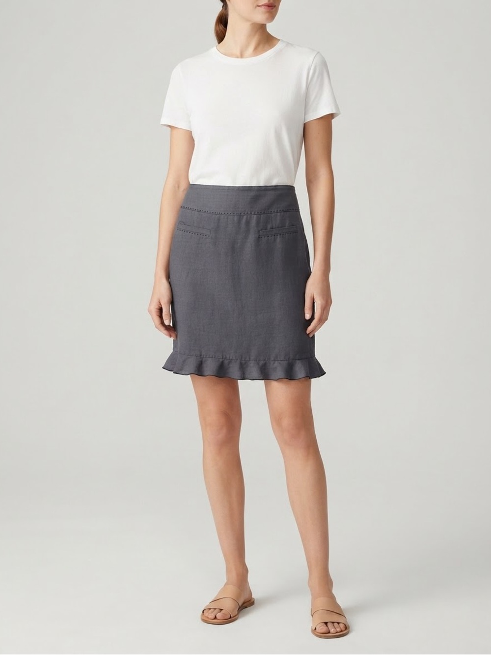 Rebecca Taylor Size 2 Gray Silk Linen Ruffle Hem Mini Pencil Skirt